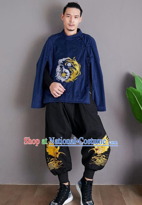 Chinese National Embroidered Royalblue Cloak Traditional Tang Suit Outer Garment Corduroy Coat Costume for Men