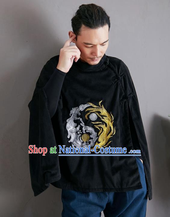 Chinese National Embroidered Black Cloak Traditional Tang Suit Outer Garment Corduroy Coat Costume for Men