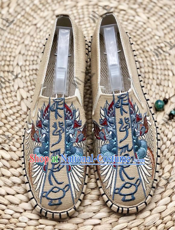 Chinese Traditional National Embroidery Khaki Cloth Shoes Martial Arts Shoes Men Shoes Handmade Shoes Embroidered Shoes