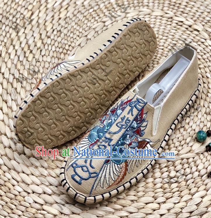 Chinese Traditional National Embroidery Khaki Cloth Shoes Martial Arts Shoes Men Shoes Handmade Shoes Embroidered Shoes