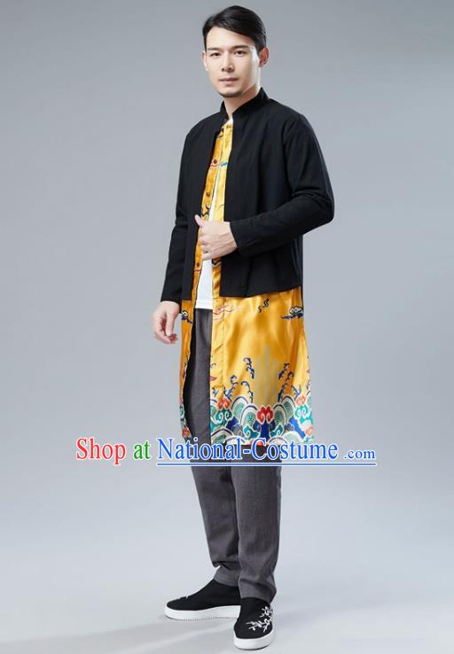 Chinese National Yellow Satin Coat Traditional Tang Suit Outer Garment Overcoat Costume for Men