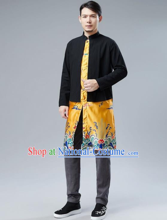 Chinese National Yellow Satin Coat Traditional Tang Suit Outer Garment Overcoat Costume for Men