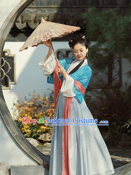 Traditional Chinese Tang Dynasty Village Lady Costumes Ancient Young Female Hanfu Dress  Half Sleeved Garment Blouse and Skirt Complete Set