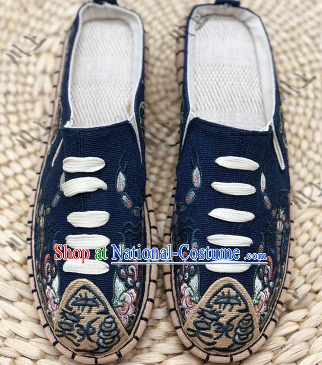 Chinese Traditional National Navy Flax Shoes Martial Arts Shoes Men Shoes Handmade Shoes Embroidered Slippers