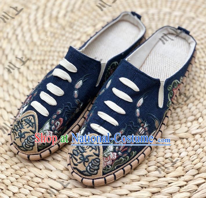 Chinese Traditional National Navy Flax Shoes Martial Arts Shoes Men Shoes Handmade Shoes Embroidered Slippers