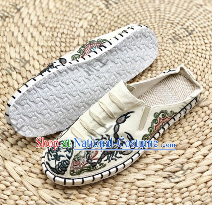 Chinese Traditional National Beige Flax Shoes Martial Arts Shoes Men Shoes Handmade Shoes Embroidered Slippers