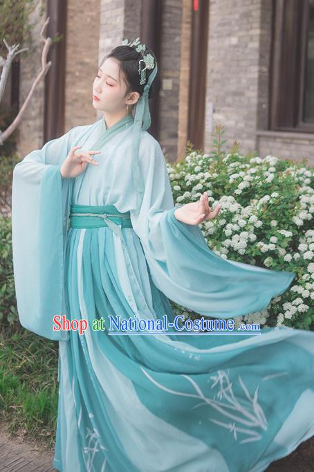 Traditional Chinese Jin Dynasty Noble Lady Costumes Ancient Female Scholar Green Hanfu Dress for Women