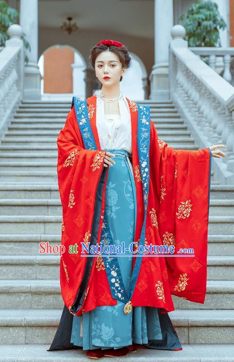 Traditional Chinese Song Dynasty Noble Lady Wedding Costumes Ancient Court Bride Embroidered Red Hanfu Dress Complete Set