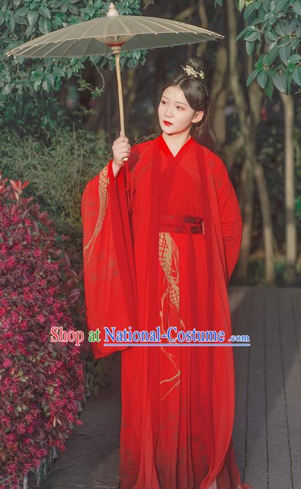 Traditional Chinese Jin Dynasty Noble Childe Wedding Costumes Ancient Swordsman Red Hanfu Clothing Complete Set