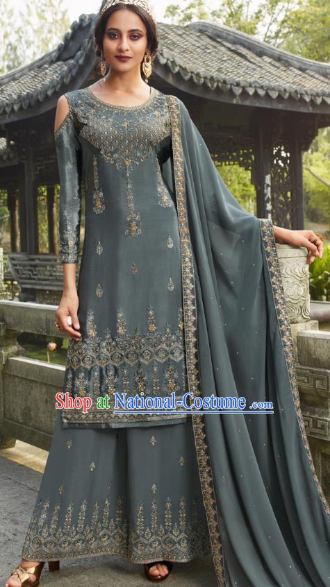 Asian India National Punjab Costumes Asia Indian Traditional Embroidered Gray Blue Dress Sari and Loose Pants for Women