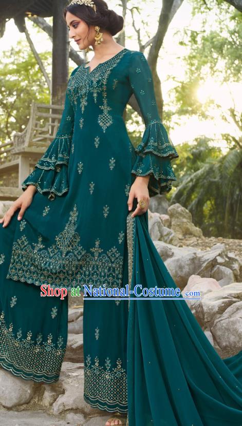 Asian India National Punjab Costumes Asia Indian Traditional Embroidered Deep Green Dress Sari and Loose Pants for Women