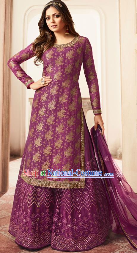 Asian India National Punjab Costumes Asia Indian Traditional Embroidered Purple Long Blouse Sari and Loose Pants for Women