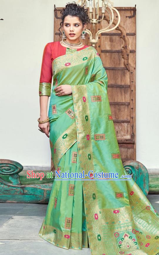 Asian India National Saree Costumes Asia Indian Bride Traditional Rosy Blouse and Green Silk Sari Dress for Women