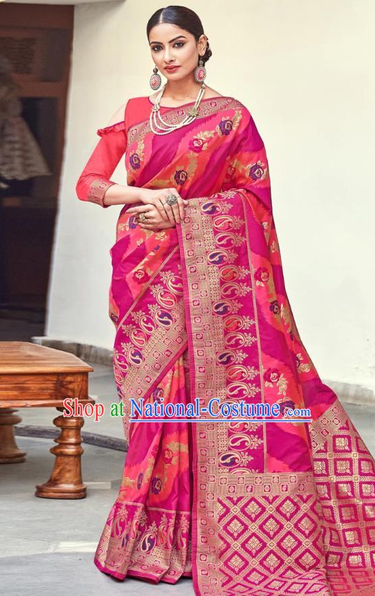 Asian India National Saree Costumes Asia Indian Bride Traditional Magenta Blouse and Rosy Silk Sari Dress for Women