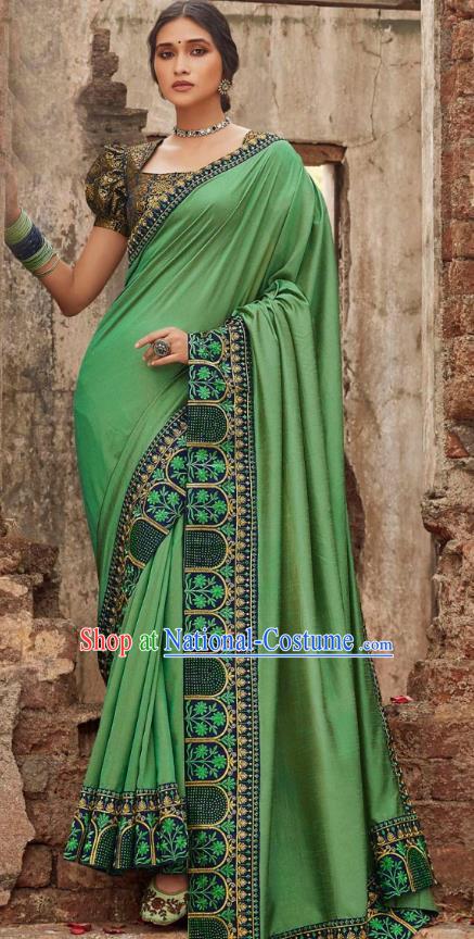 Asian India National Saree Costumes Asia Indian Bride Traditional Blouse and Embroidered Green Silk Sari Dress for Women