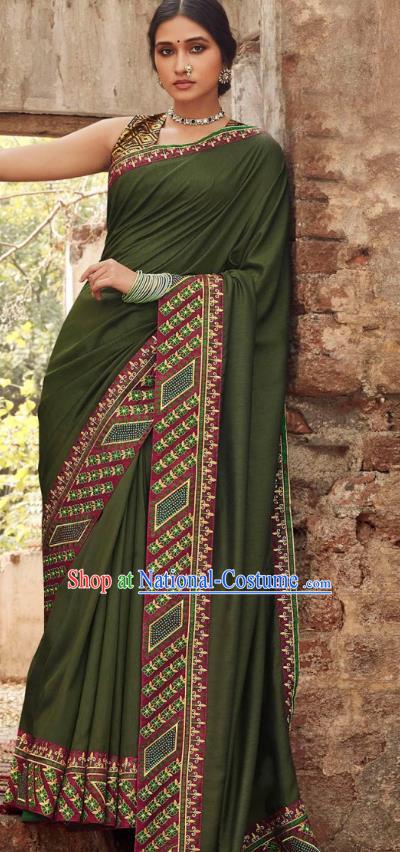 Asian India National Saree Costumes Asia Indian Bride Traditional Blouse and Embroidered Olive Green Silk Sari Dress for Women