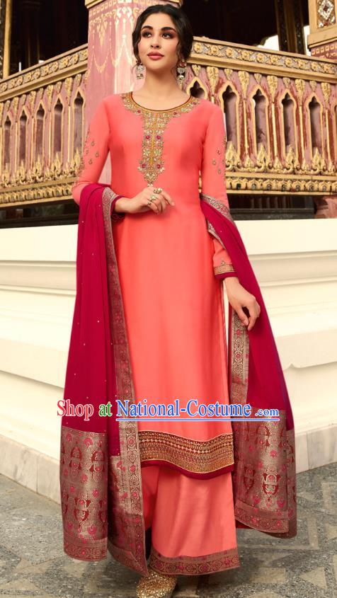 Asian India National Court Punjab Costumes Asia Indian Traditional Embroidered Peach Pink Satin Blouse Sari and Loose Pants for Women