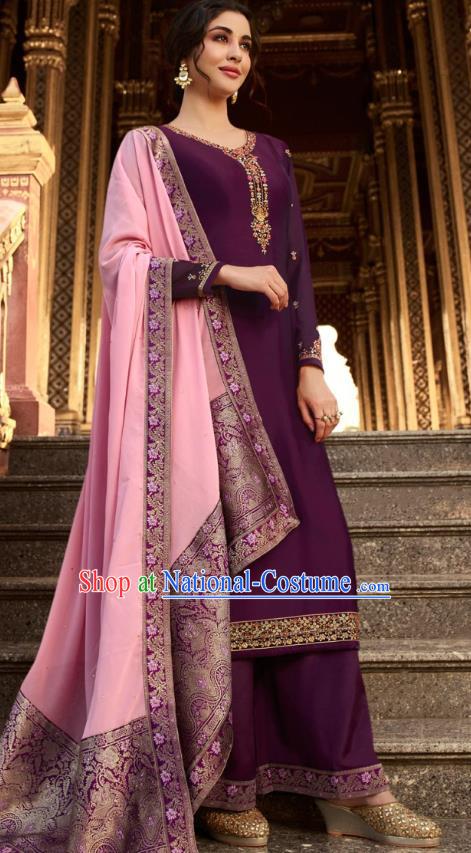 Asian India National Court Punjab Costumes Asia Indian Traditional Embroidered Deep Purple Satin Blouse Sari and Loose Pants for Women