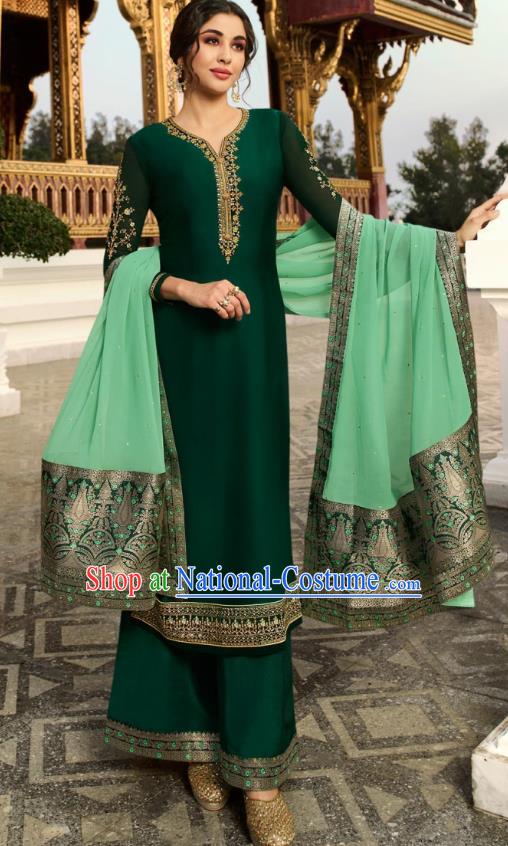 Asian India National Court Punjab Costumes Asia Indian Traditional Embroidered Deep Green Satin Blouse Sari and Loose Pants for Women