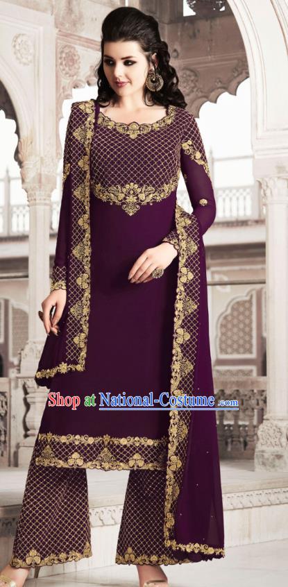 Asian India National Dance Punjab Costumes Asia Indian Traditional Embroidered Purple Faux Georgette Dress and Loose Pants Sari for Women