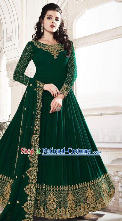 Asian India National Dance Punjab Costumes Asia Indian Traditional Embroidered Deep Green Faux Georgette Dress and Loose Pants Sari for Women