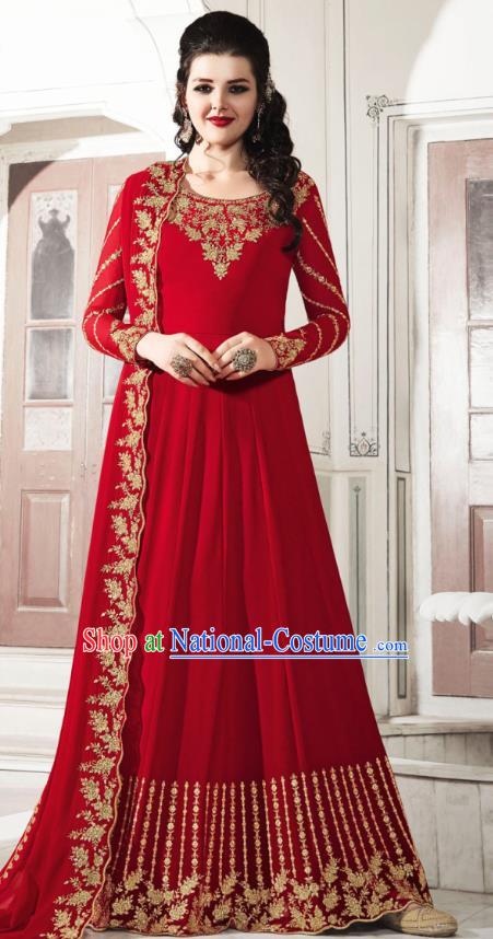 Asian India National Dance Punjab Costumes Asia Indian Traditional Embroidered Red Faux Georgette Dress and Loose Pants Sari for Women