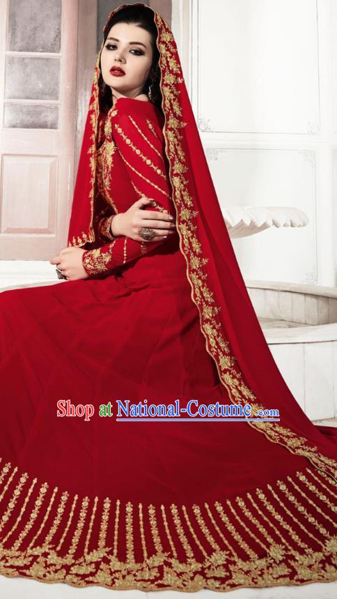 Asian India National Dance Punjab Costumes Asia Indian Traditional Embroidered Red Faux Georgette Dress and Loose Pants Sari for Women