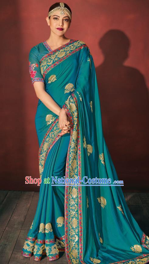 Asian India National Dance Lake Blue Silk Saree Asia Indian Traditional Costumes Court Princess Bollywood Blouse and Sari Dress for Women