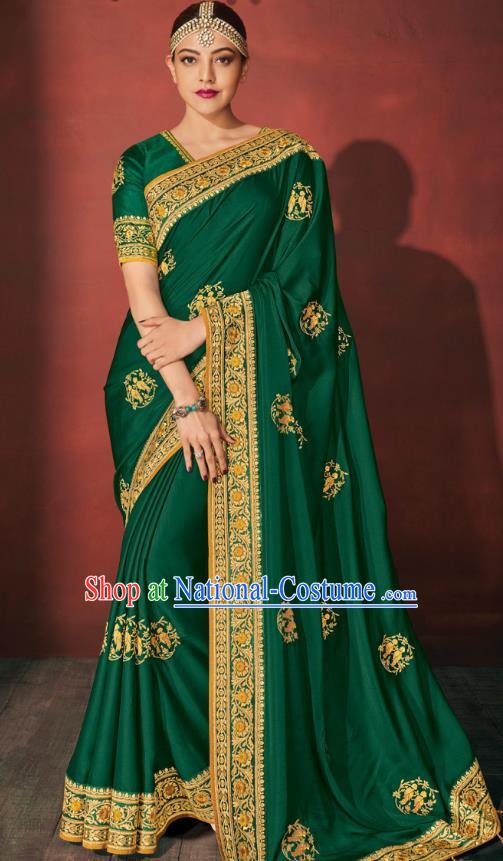 Asian India National Dance Green Silk Saree Asia Indian Traditional Costumes Court Princess Bollywood Blouse and Sari Dress for Women