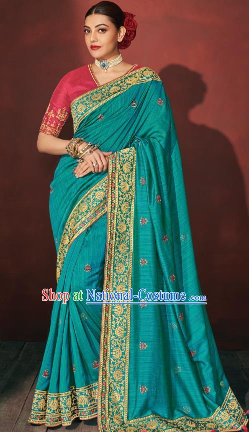 Asian India Bollywood National Dance Aqua Blue Silk Saree Asia Indian Traditional Court Princess Blouse and Sari Dress Costumes for Women