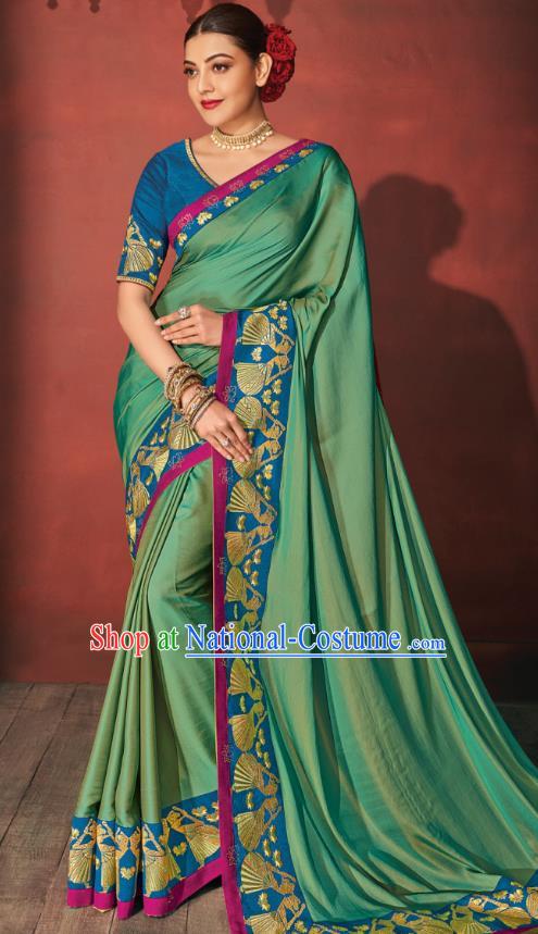 Asian India Bollywood National Dance Green Silk Saree Asia Indian Traditional Court Princess Blouse and Sari Dress Costumes for Women