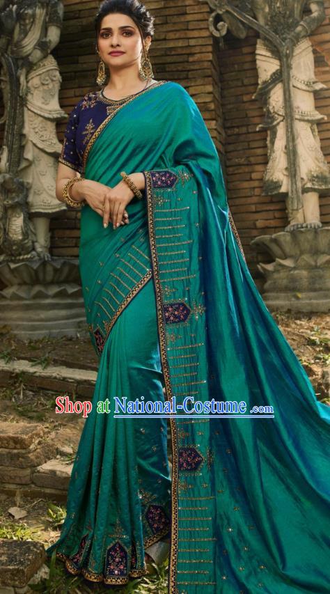 Asian India National Wedding Teal Green Silk Saree Costumes Asia Indian Bride Traditional Blouse and Embroidered Sari Dress for Women