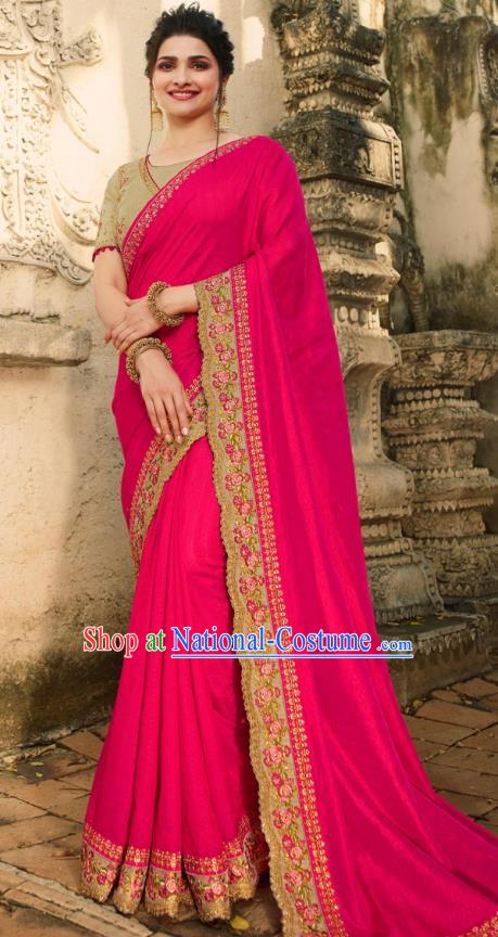 Asian India National Wedding Rosy Silk Saree Costumes Asia Indian Bride Traditional Blouse and Embroidered Sari Dress for Women