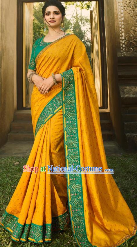 Asian India National Wedding Yellow Silk Saree Costumes Asia Indian Bride Traditional Blouse and Embroidered Sari Dress for Women