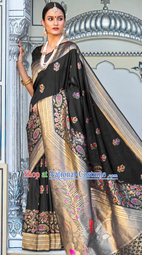 Asian India Festival Bollywood Black Silk Saree Asia Indian National Dance Costumes Traditional Court Princess Blouse and Sari Dress for Women