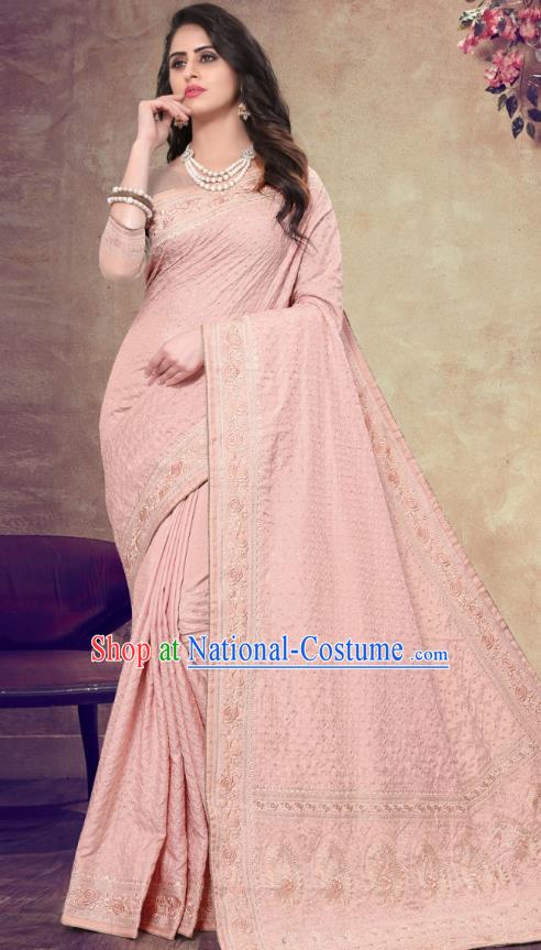 Asian India Festival Bollywood Pink Georgette Saree Dress Asia Indian National Dance Costumes Traditional Court Princess Blouse and Sari Full Set