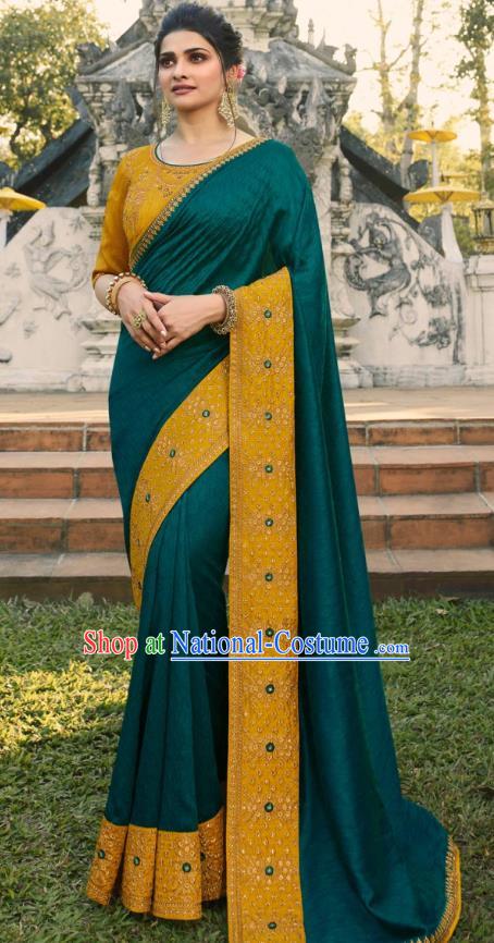 Asian India National Wedding Teal Silk Saree Costumes Asia Indian Bride Traditional Blouse and Embroidered Sari Dress for Women