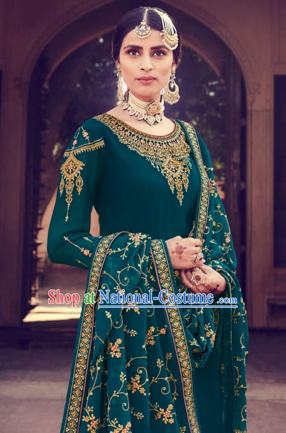 Asian India Traditional Punjab Suits Costumes Asia Indian National Embroidered Teal Georgette Long Blouse and Loose Pants Shawl Complete Set