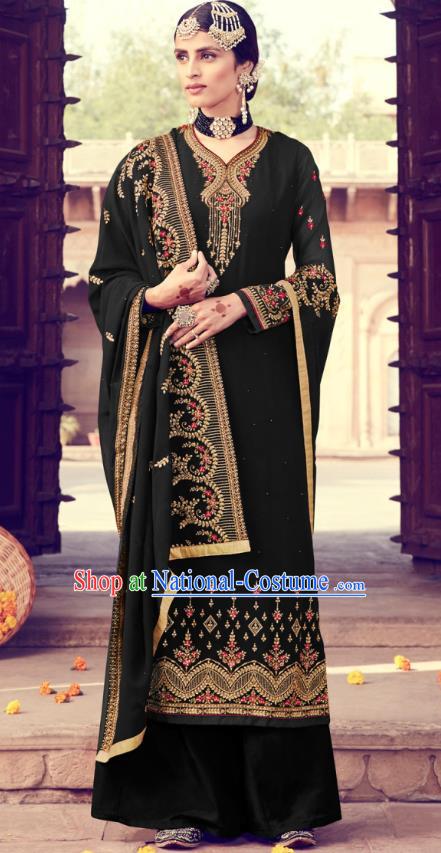 Asian India Traditional Punjab Suits Costumes Asia Indian National Embroidered Black Georgette Long Blouse and Loose Pants Shawl Complete Set