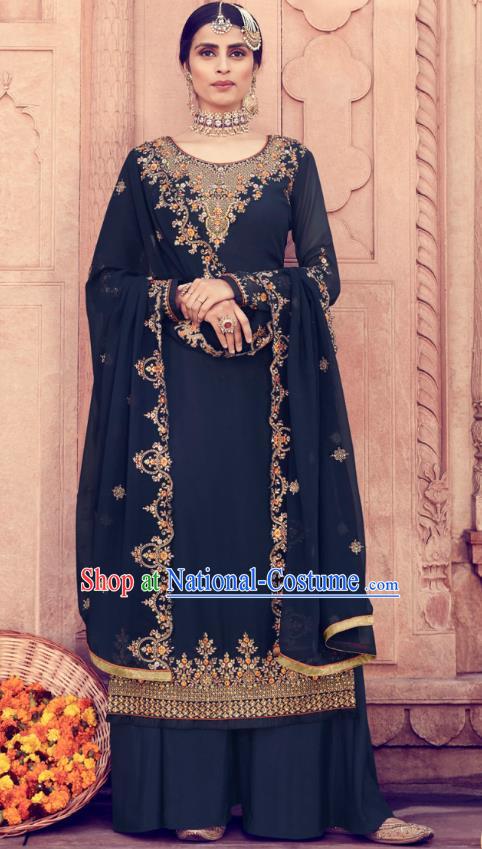 Asian India Traditional Punjab Suits Costumes Asia Indian National Embroidered Navy Georgette Long Blouse and Loose Pants Shawl Complete Set