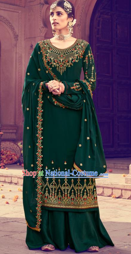 Asian India Traditional Punjab Suits Costumes Asia Indian National Embroidered Deep Green Georgette Long Blouse and Loose Pants Shawl Complete Set