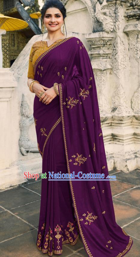 Asian India National Wedding Purple Silk Saree Costumes Asia Indian Bride Traditional Blouse and Embroidered Sari Dress for Women