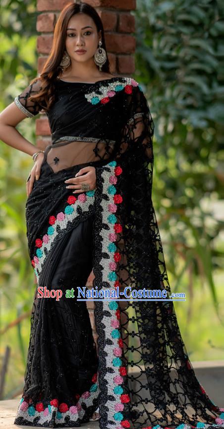 Asian India Court Lehenga Costumes Asia Indian Traditional Festival Embroidered Diamond Black Blouse and Skirt and Sari Full Set