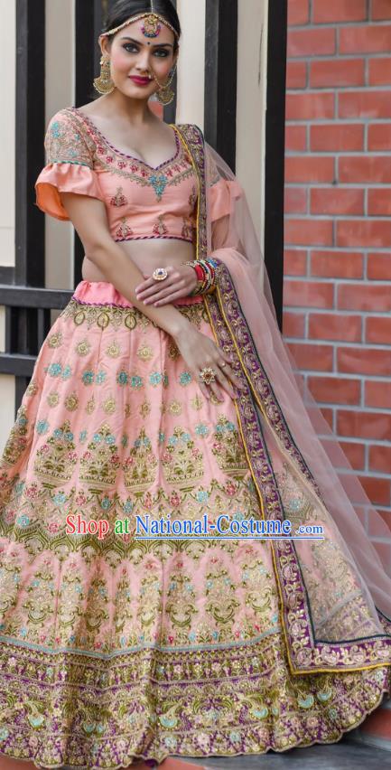 Asian India Wedding Lehenga Costumes Asia Indian Traditional Festival Bride Embroidered Pink Silk Blouse and Skirt and Sari Complete Set