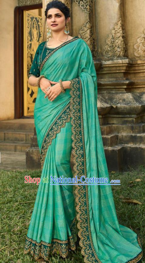 Asian India National Wedding Sea Green Silk Saree Costumes Asia Indian Bride Traditional Blouse and Embroidered Sari Dress for Women