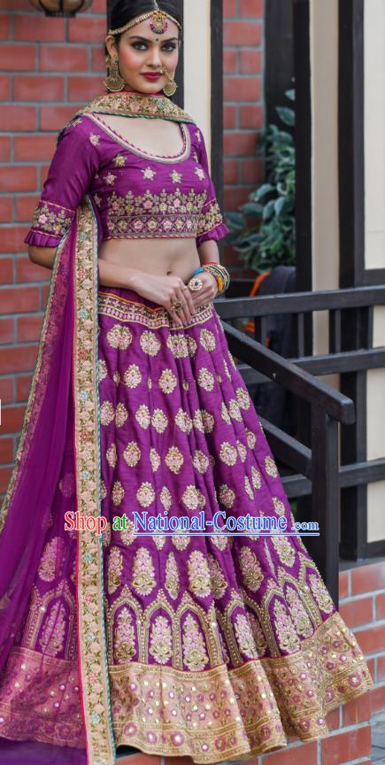 Asian India Wedding Lehenga Costumes Asia Indian Traditional Festival Bride Embroidered Purple Silk Blouse and Skirt and Sari Complete Set