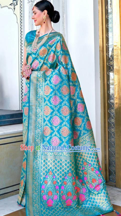 Asian India Festival Bollywood Aqua Blue Silk Saree Asia Indian National Dance Costumes Traditional Court Princess Blouse and Sari Dress for Women