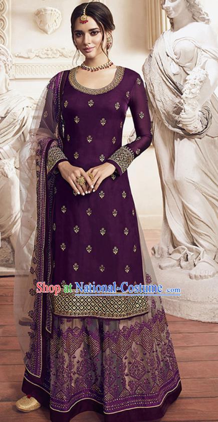 Asian India Traditional Festival Punjab Suits Costumes Asia Indian National Purple Crepe Long Blouse Shawl and Loose Pants Complete Set