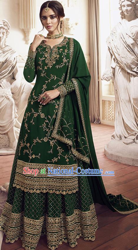 Asian India Traditional Festival Punjab Suits Costumes Asia Indian National Deep Green Crepe Long Blouse Shawl and Loose Pants Complete Set