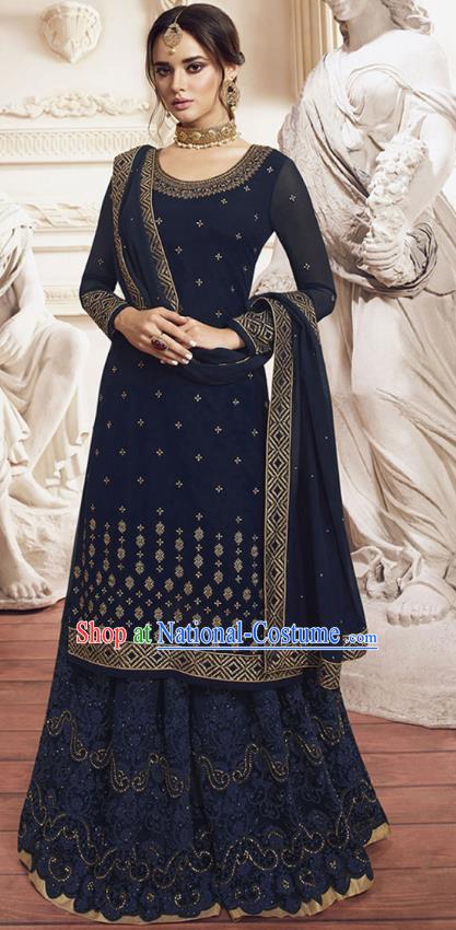 Asian India Traditional Festival Punjab Suits Costumes Asia Indian National Navy Crepe Long Blouse Shawl and Loose Pants Complete Set